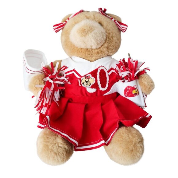 Vintage Build A Bear Cheerleader Bear Red White Cheer Outfit Pom Poms Megaphone - Picture 2 of 6